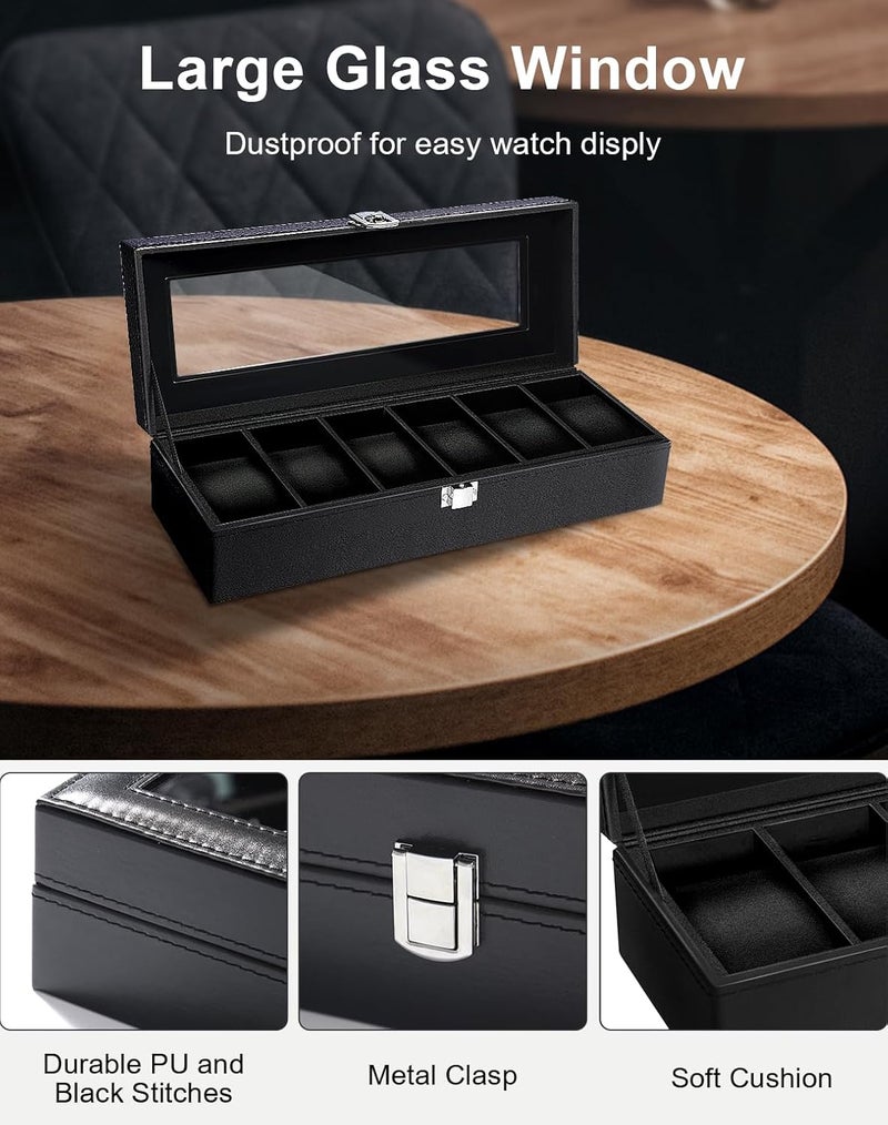 Uten Watch Box, 6 Slots Watch Case, Watch Organizer Jewelry Storage with Large Glass Lid, Black Lining, Watch Display Box for Men & Women Gift - Image 4